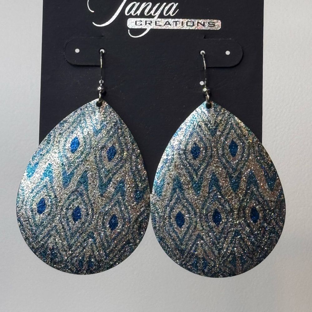 Blue and Silver Teardrop Earrings 2.5 inch